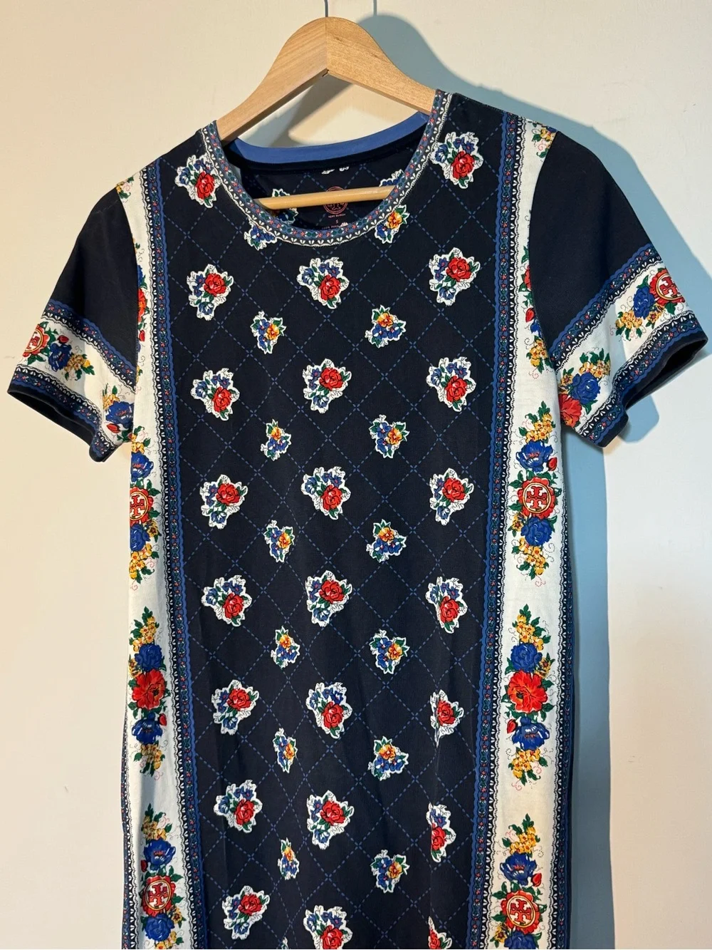Tory Burch Printed Pima Cotton Floral T-Shirt Dress Navy Size S